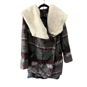 Forever 21 Womens Tribal Aztec Hooded Coat S/P Black Red with Sherpa Lining